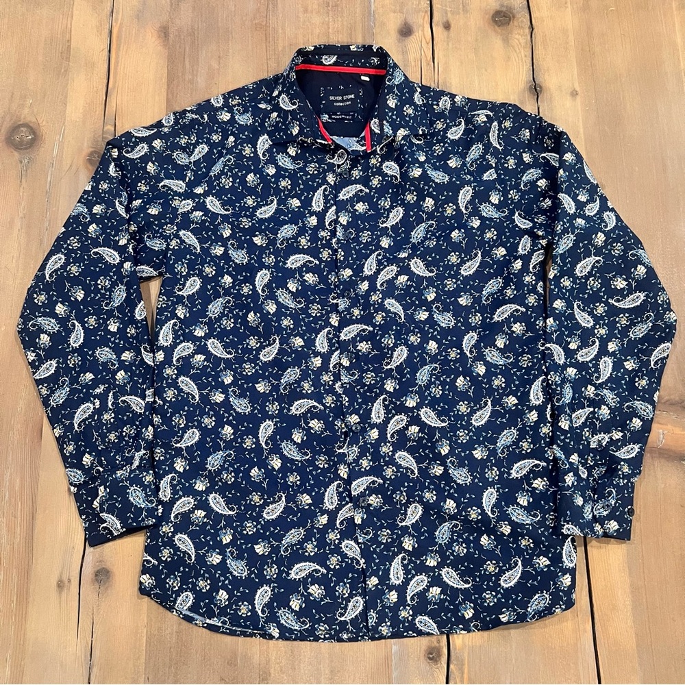 Silver Stone Modern Fit Button Down Men’s Blue Paisley Long Sleeve Shirt